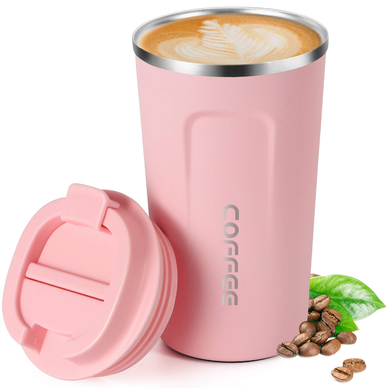 Smilatte 18oz (510ml) Vacuum Insulated Travel Mug, Leakproof Double Wall Stainless Steel Reusable Coffee Cup with Lid for Hot & Cold Drinks, Matte Texture Pink — image 1