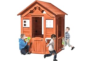 ZRWD Outdoor Playhouse for Age 3-6 Years Boy Girl, All Wooden Kids Cottage Playhouse with Serving Station 2 Windows and Flowerpot Holder, Playset for Outdoor Garden, Lawn, Patio, Backyard