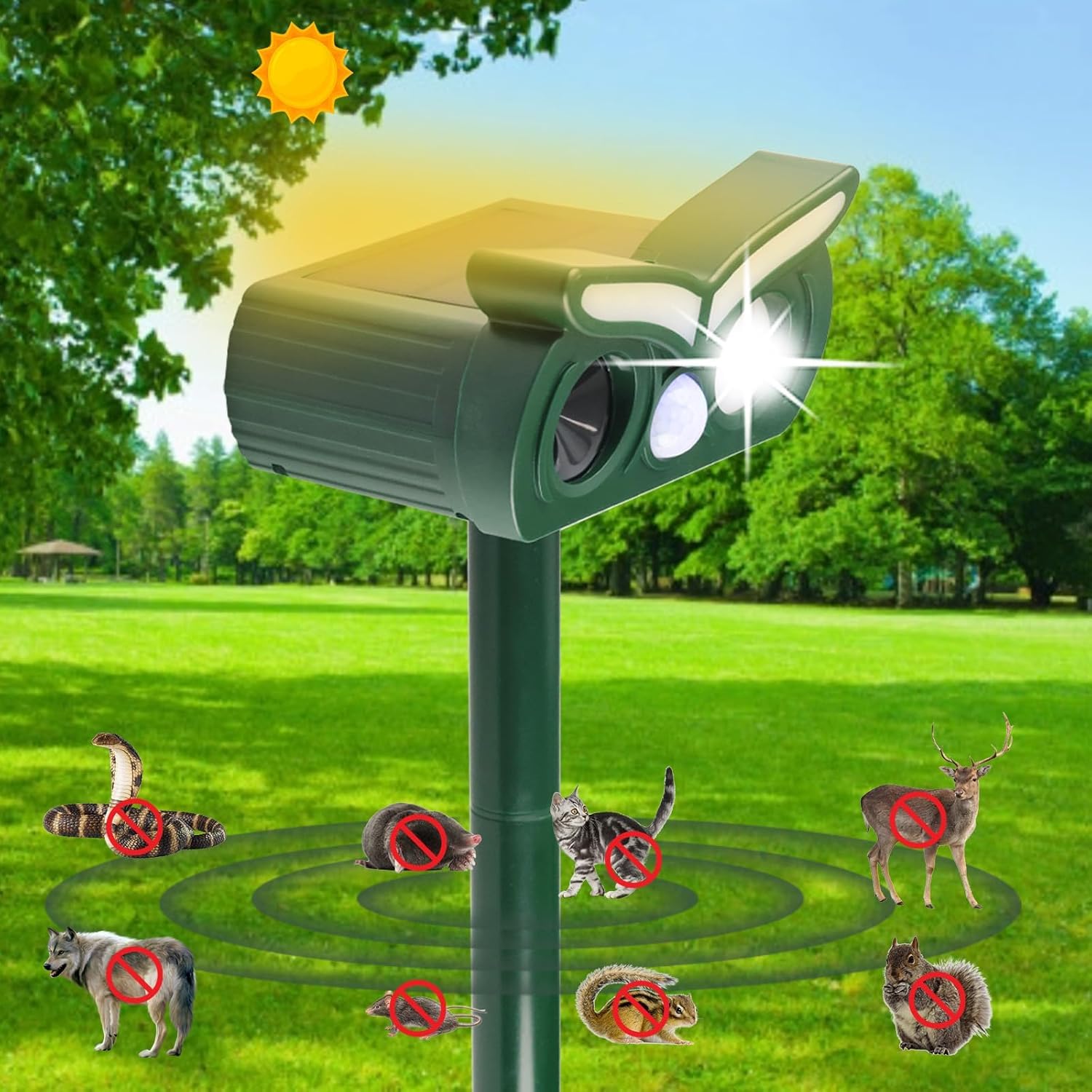 Photo 1 of 1Pack Solar Ultrasonic Animal Repellent Outdoor Deer Repellent Devices with Motion Detection&Flash Light Squirrel Rabbit Dog Cat Deterrent,Keep Rodent Chipmunk Raccoon Away for Yard