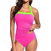 Womens Two Piece Tankini Swimsuit Tummy Control Bathing Suits Slim Halter Swimwear with High Waisted Bottom M Pink and Green