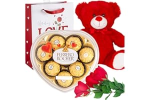 MEET NOVELTY Valentine Gift Basket Set | Ferrero Rocher Heart-shaped Shape Box | Teddy Bear Plush (COLOR MAY VARY) Valentine Day Gift Bag & "Happy Valentine Day" Gift Tag Card | Rose Flower Bouquet. (Assorted)