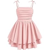 SHENHE Girl's Smocked Ruched A Line Swing Dress Layered Tie Shoulder Flowy Cami Short Dress