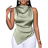 WDIRARA Women's Satin Sleeveless Blouses Shirt Asymmetrical Mock Neck Dressy Casual Tops