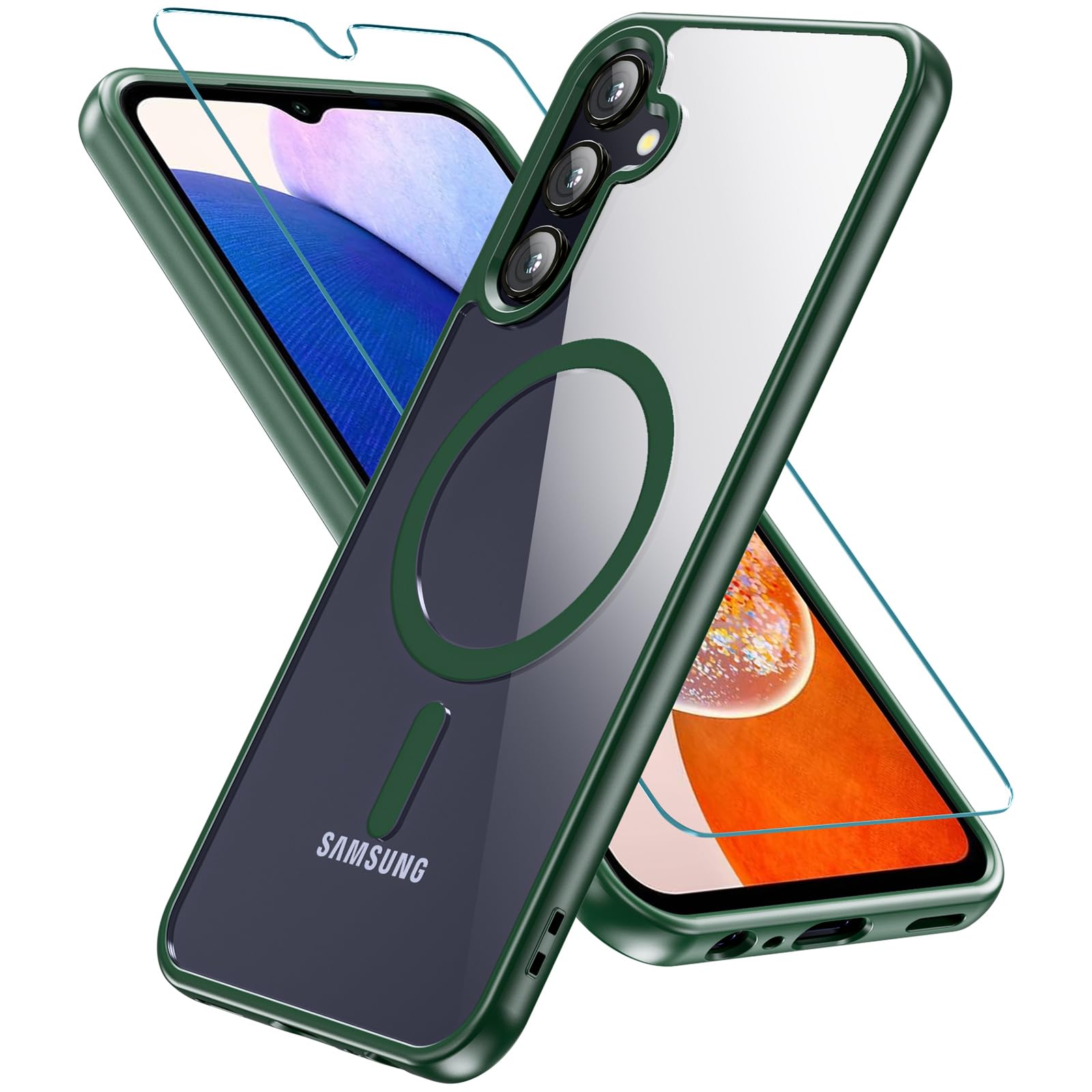 Photo 1 of RC1WD Magnetic Case for Samsung Galaxy A15, Samsung A15 5G Case with Screen Protector, [Military-Grade Drop Protection] Transparent Back Protective Phone Case Shockproof for Samsung A15 (Green)