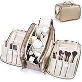 Travel Makeup Bag Women's Large Capacity Cosmetic Portable Organizer Large Opening Waterproof Storage Toiletry Bags Vertical Free-Standing Brush Holder for Easy Access Copper