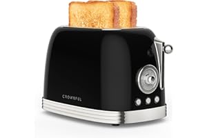 CROWNFUL 2-Slice Toaster, Extra Wide Slots Toaster, Retro Stainless Steel with Bagel, Cancel, Defrost, Reheat Function and 6-Shade Settings, Removal Crumb Tray, Black
