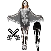 BOARDFEB 3Pcs Women's Skeleton Halloween Costume Halloween Outfit | Skeleton Cape Poncho Footed Tights Long Arm Gloves Lace Cape Shawl, for Halloween Costume Party Cosplay