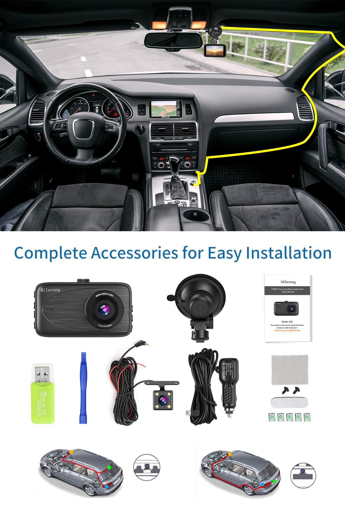 Dash Cam Front and Rear, Milerong 1080P FHD Dash Camera for Cars, 3