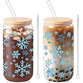 Sliner 2 Pcs Snowflake Glass Cups Christmas Tumbler with Lid Straw Winter Drinking Glasses 16 oz Iced Coffee Cup with Cleaning Brush Beer Can Tumbler Cute Holiday Gifts for Home Office Decorations