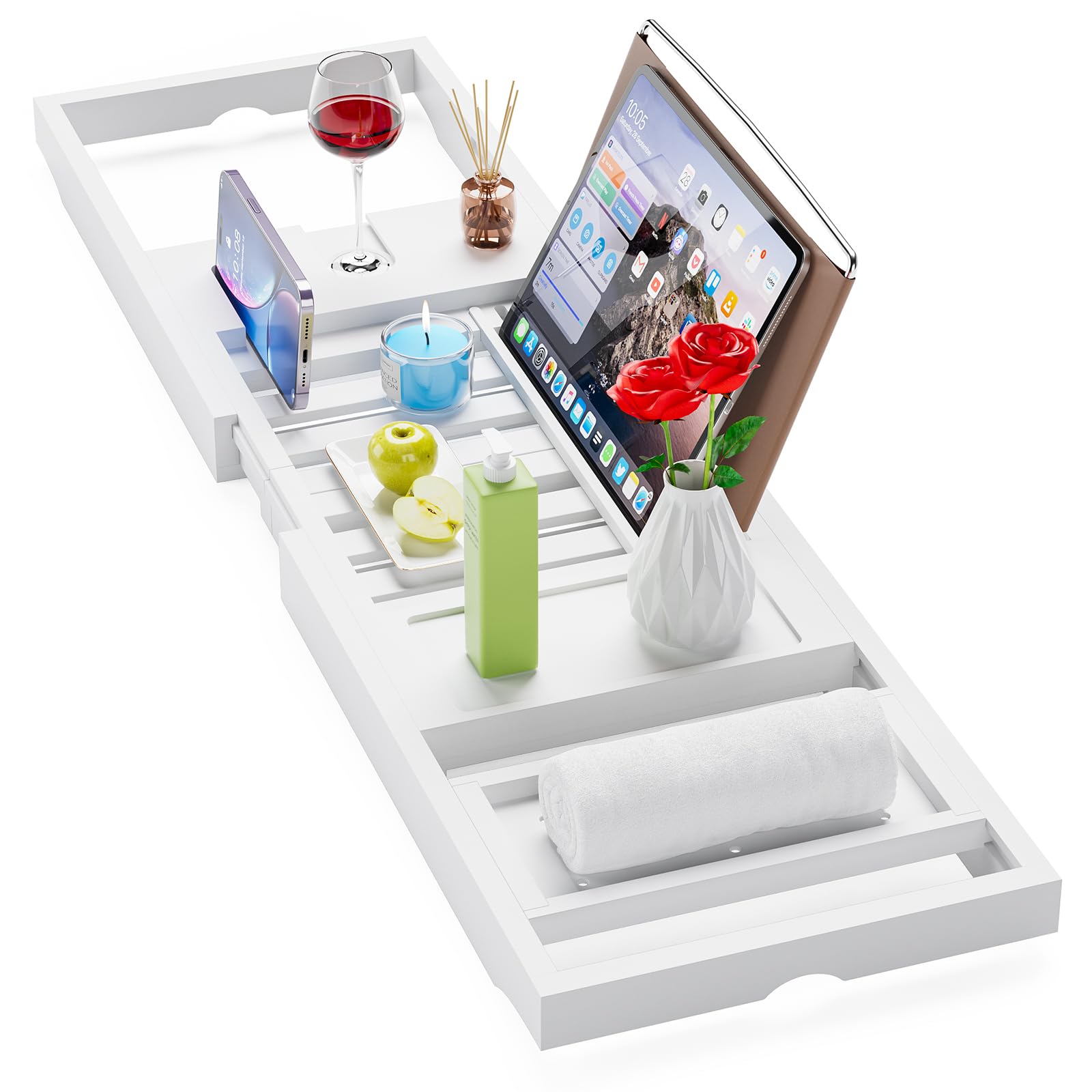 Photo 1 of Yirilan Foldable Bathtub Caddy, Expandable Bath Caddy Tray, Unique House Warming Gifts, New Home, Anniversary and Wedding Gifts for Couple, White