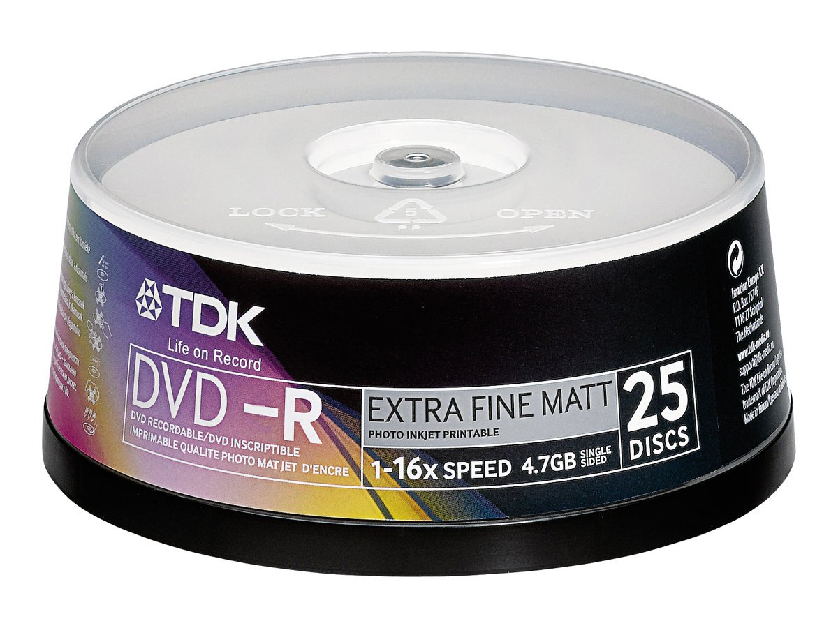 TDK - 25 x DVD-R - 4.7 GB 16x - mit Tintenstrahldrucker bedruckbare Oberfläche - Spindel