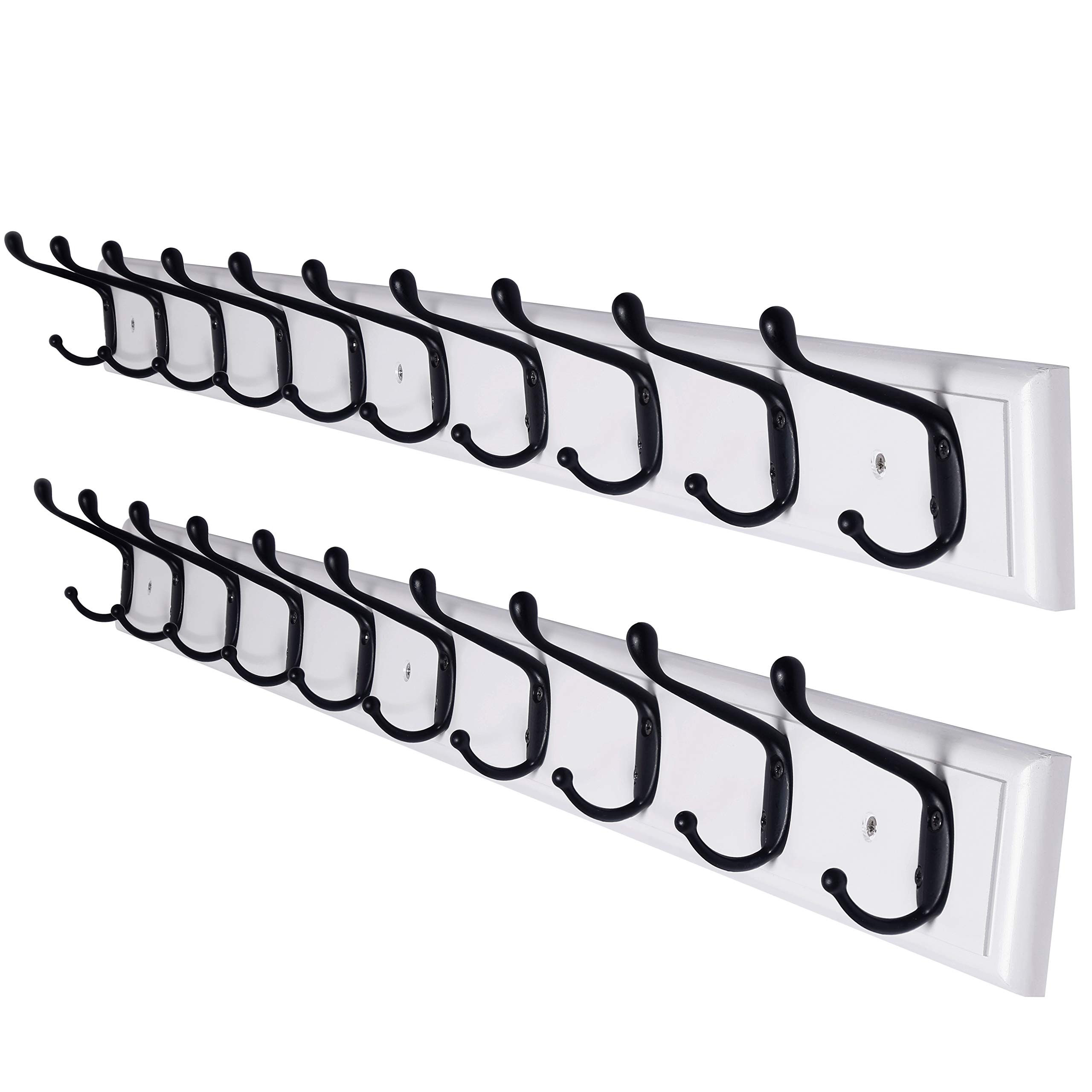 Dseap Coat Rack Wall Mounted with 10 Hooks, 97cm Long, Wood Coat Hooks Hanger Wall Mount, Hook Rack, Hook Rail, for Hanging Coats Hats Towels Jackets Clothes, White & Black, Pack of 2