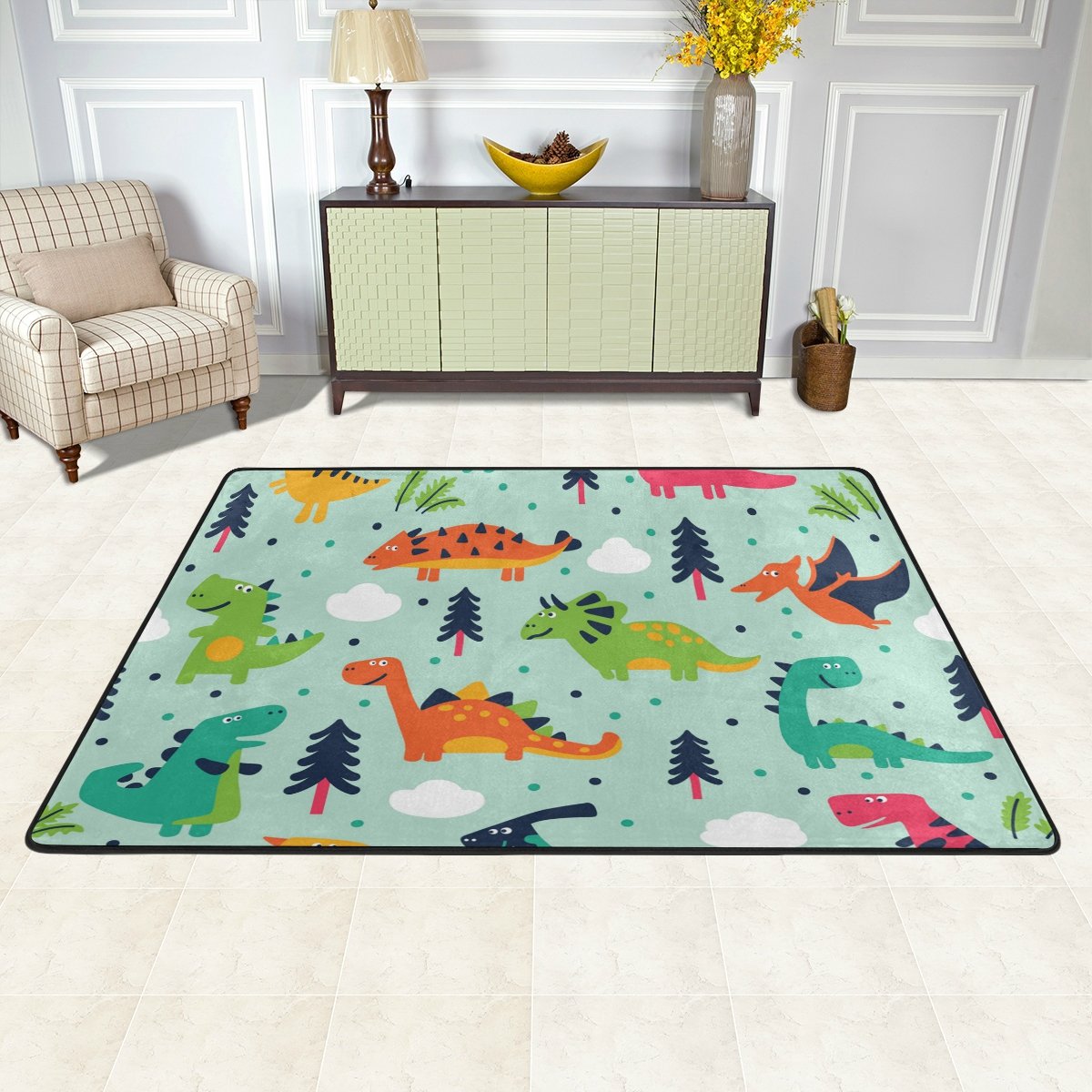 ISAOA Modern Soft Rug 3 x 2 ft Clouds Funny Dinosaurs Non-slip Area Rug Durable Carpet/Mat for Bathroom Bedroom Kitchen Hallway Pet Entry Rugs
