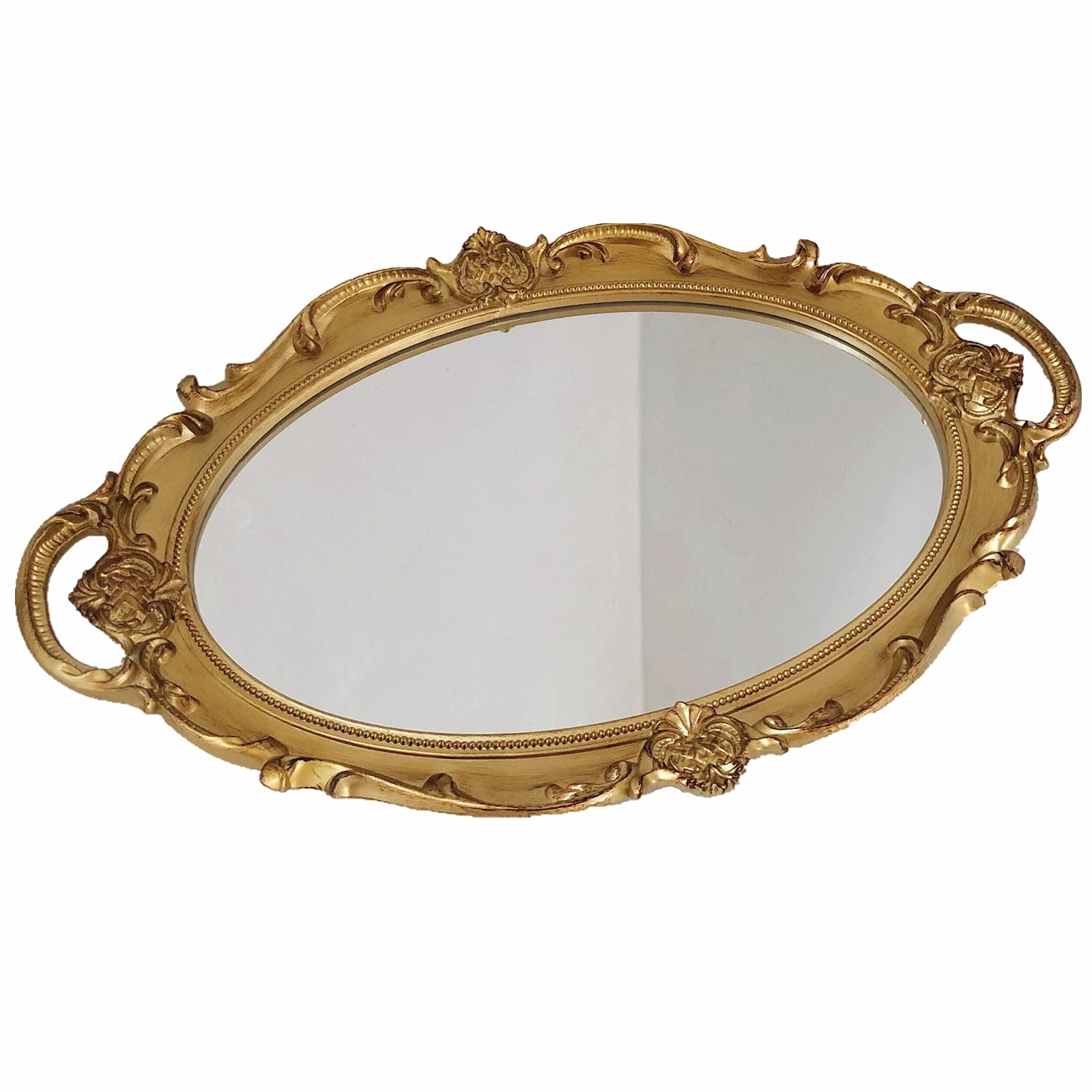 Photo 1 of ***damaged handle****Schones Geschaft Decorative Mirror Tray, Makeup Jewelry Perfume Organizer?Vintage Oval Display and Serving Tray for Bedroom Living-Room Dresser Decor (14.6”x 9.8”) (Golden - Oval)