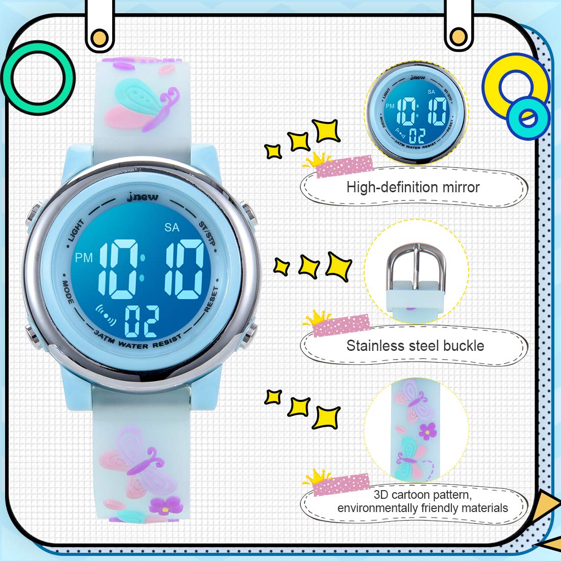 jianxiang Kids Digital Sport Watches for Girls Boys, Waterproof Outdoor LED Timer with 7 Colors Backlight 3D Cartoon Silicone Band Child Wristwatch