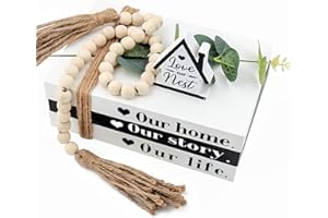 TARKLANDA Wood Decorative Books for Home Decor,3pcs Rustic Farmhouse Book Stack Wood Faux Books for Living Room Book Shelf Decor Decorative Books Display with Wood Bead Tassels and Leaves for Home Decor (story)