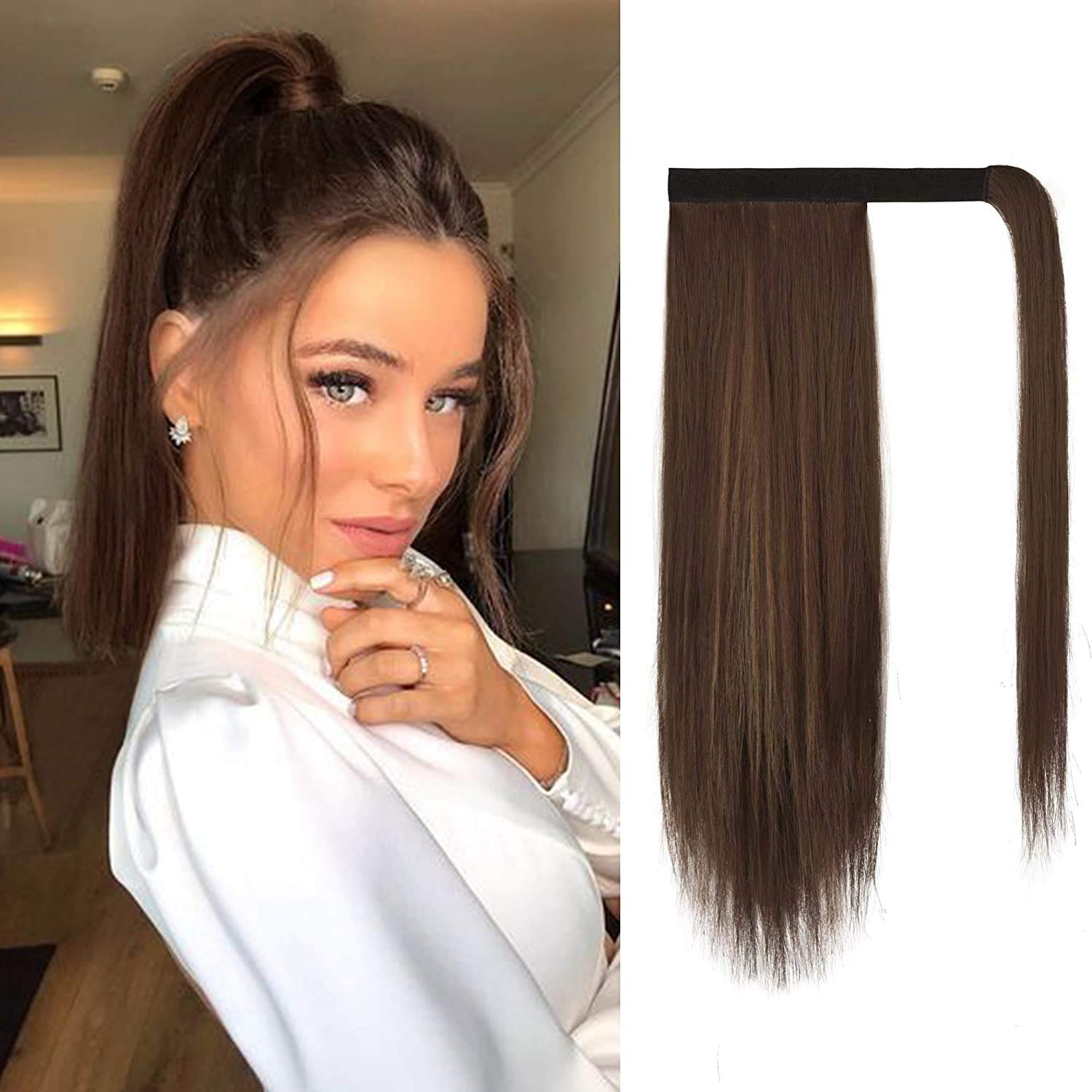 BARSDAR Clip in Ponytail Extensions, 14 inch Short Straight Wrap around Fluffy Pony Tails Synthetic Hair for Women Girls