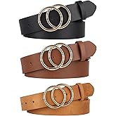 UnFader Pack 2 Women Belts for Jeans with Fashion Double O-Ring Buckle and Faux Leather