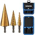 WORKPRO 3-Piece Step Drill Bit Set, 1/4" Hex Shank Quick Change High Speed Steel Titanium Coated Drill Bits for Plastic, Sheet Metal, Aluminum Hole Drilling, Well-Organized Bag Included,Metric