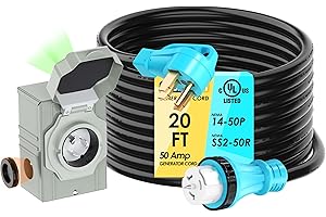 CircleRiver 50 Amp 20 Feet Generator Cord and Power Inlet Box Combo Kit NEMA 14-50P Male to SS2-50R STW 6/3+8/1 AWG 125/250V Twist Locking with Inlet Box for Generator to House, UL Listed