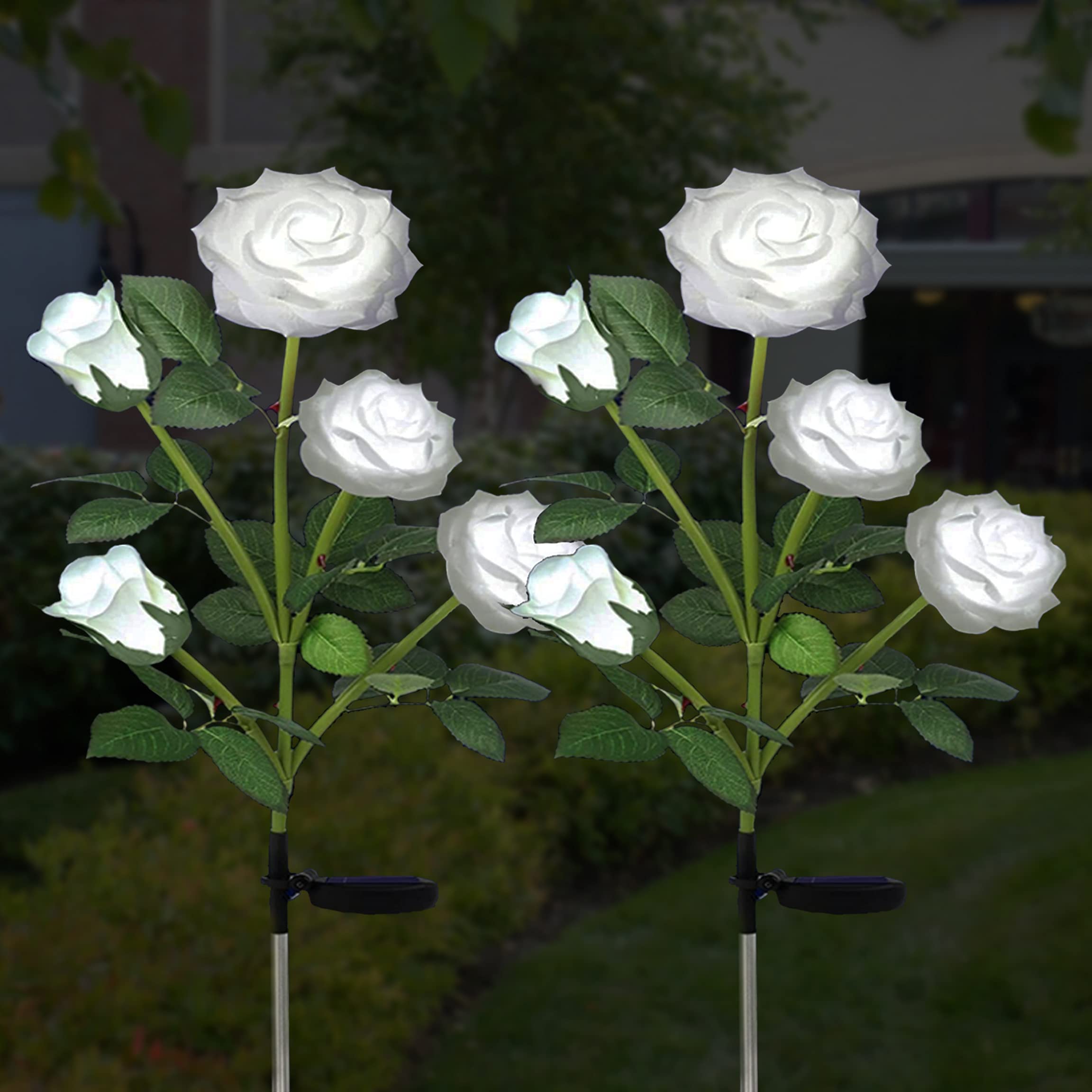 ZVO Solar Lights Outdoor Garden, LED Solar Powered Flowers Lamp Waterproof Ornament with 10 Bigger Rose, Solar Garden Outside Lights for Pathway Wedding Grave Christmas Decoration(2Pack White)