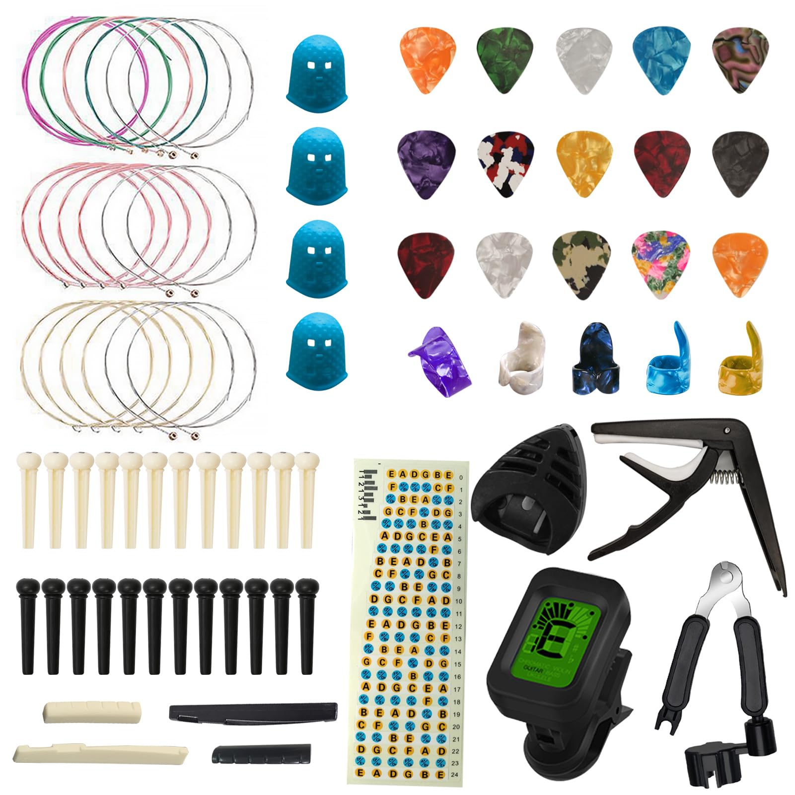 Guitar Accessory Kit, TTCR-II 75 Pieces with Guitar Capo, 15 Guitar Picks, 3 Set Acoustic Guitar Strings, Guitar Tuner, Thumb Pick, String Winder, Guitar Bridge etc