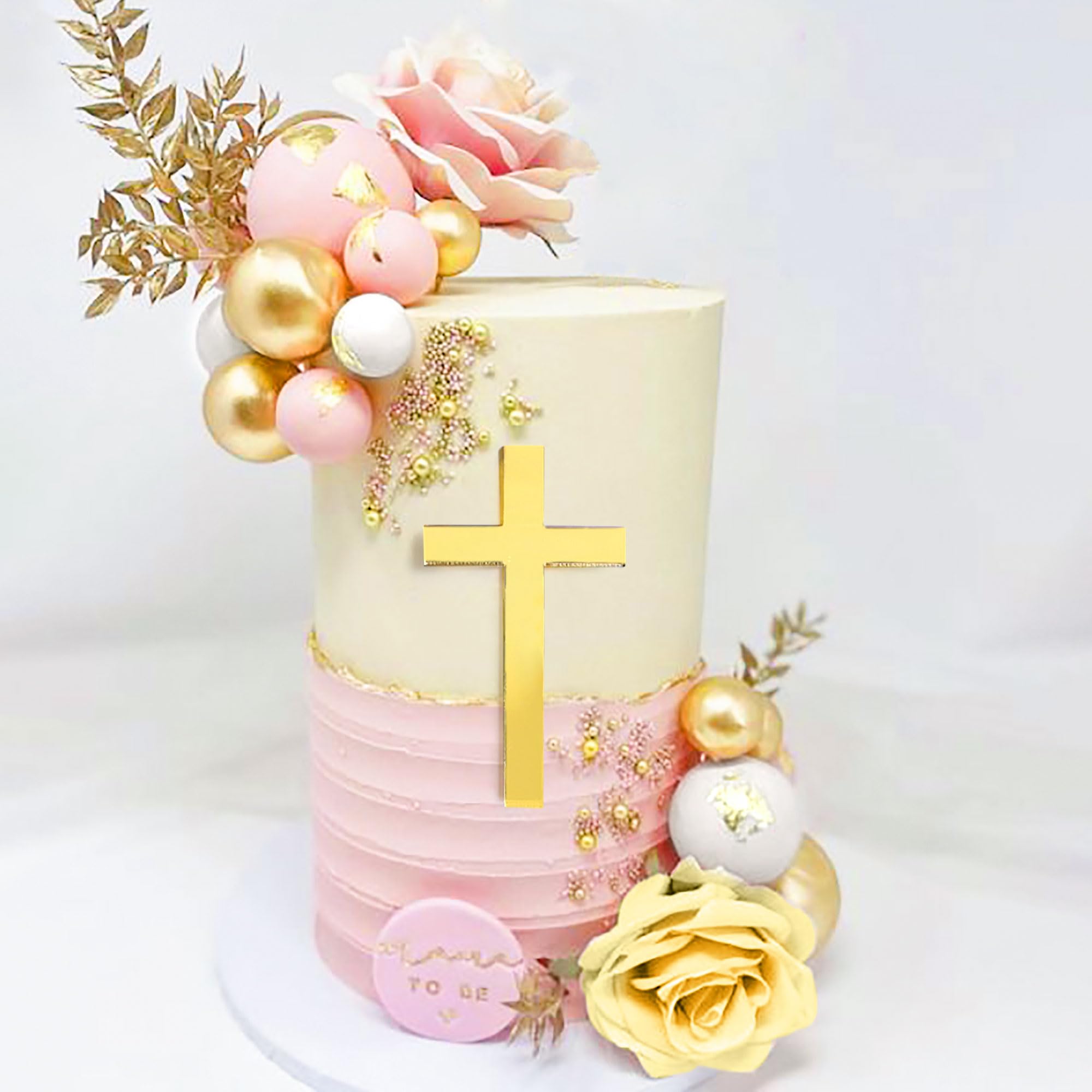 LaVenty Cross Cake Topper Pink White Cake Decorations Rose Cake Toppers Baptism Cake Topper Baby Shower Cake Decorations Wedding Cake Decoration Palm Leaves Cake Decoration