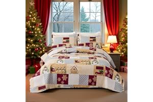 Oliven 3 Pcs Christmas Bedding Plaid Quilt Set Full/Queen Size Xmas Bedspread Snowman Snowflake Santa Claus Reindeer Truck Cabin Patchwork Bed Cover New Year Coverlet Holiday Bedroom Home Decor