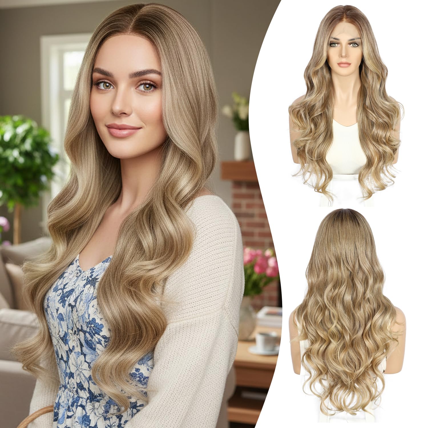 Sapphirewigs Blonde Lace Front Wig Synthetic Body Wave 13x4 Blonde Synthetic Lace Front Wigs for Women Party Date Daily Wear Christmas Natural Looking 26 inch