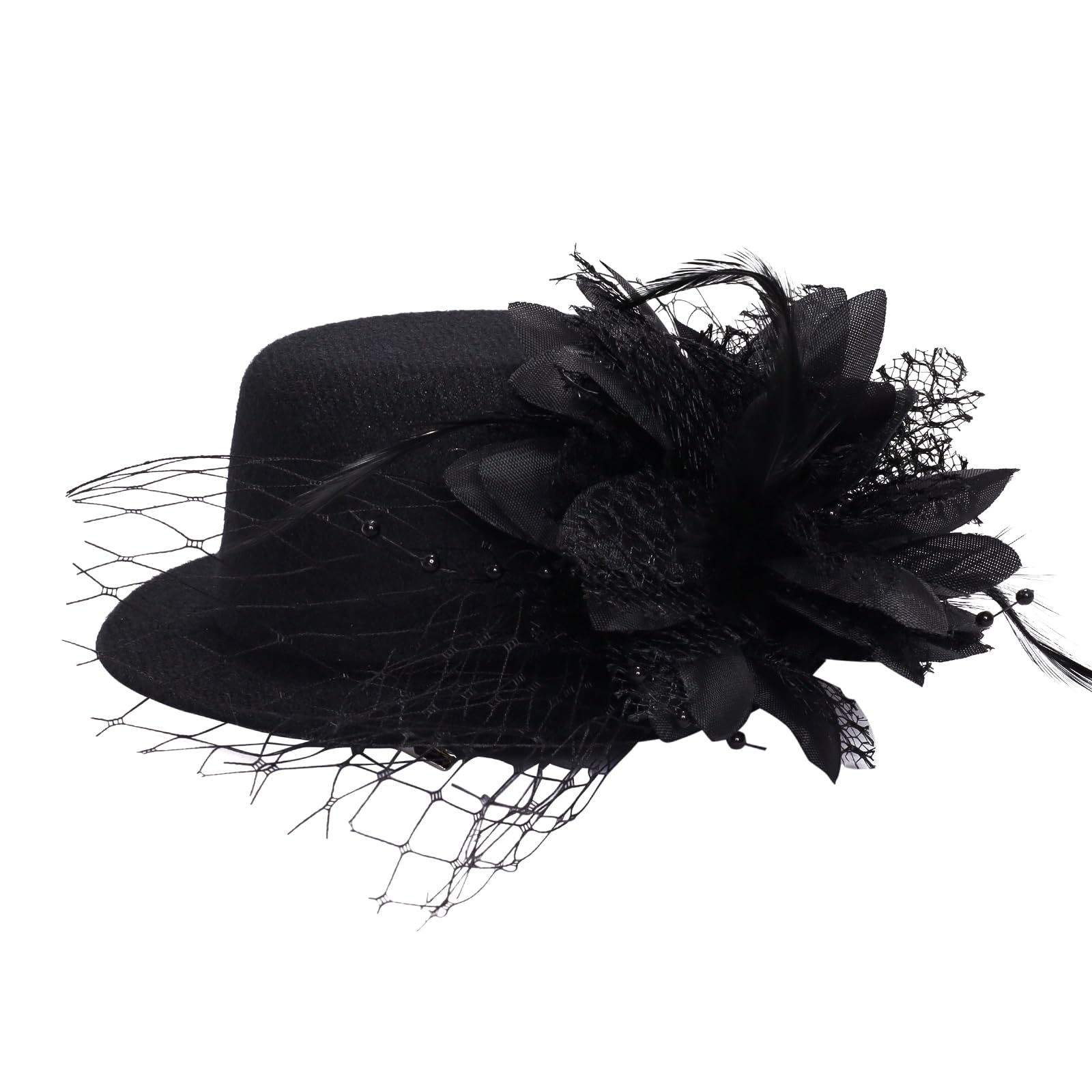 Photo 1 of Fumwase Flower Mini Top Hat Hair Clip Small Tea Party Hats Fancy Hats with Clip Fascinators Headwear for Women Ladies (Polyester Fibre, Black)