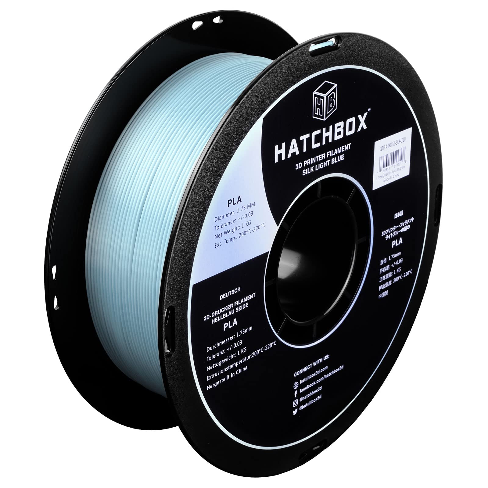 HATCHBOX Silk PLA 3D Printer Filament, Dimensional Accuracy +/- 0.03 mm, 1 kg Spool, 1.75 mm, Light Blue