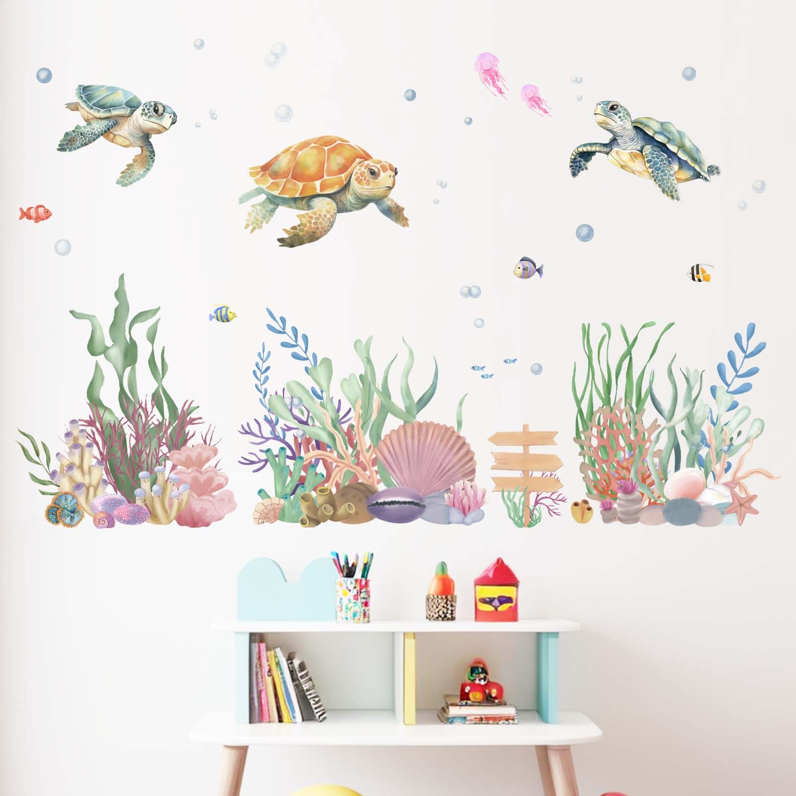 Sea Turtle Wall Stickers for Kids: Peel and Stick Under The Sea Marine Ocean Fish Wall Decals - Wall Decor Art Kids Supplies Ages 1-12 Years