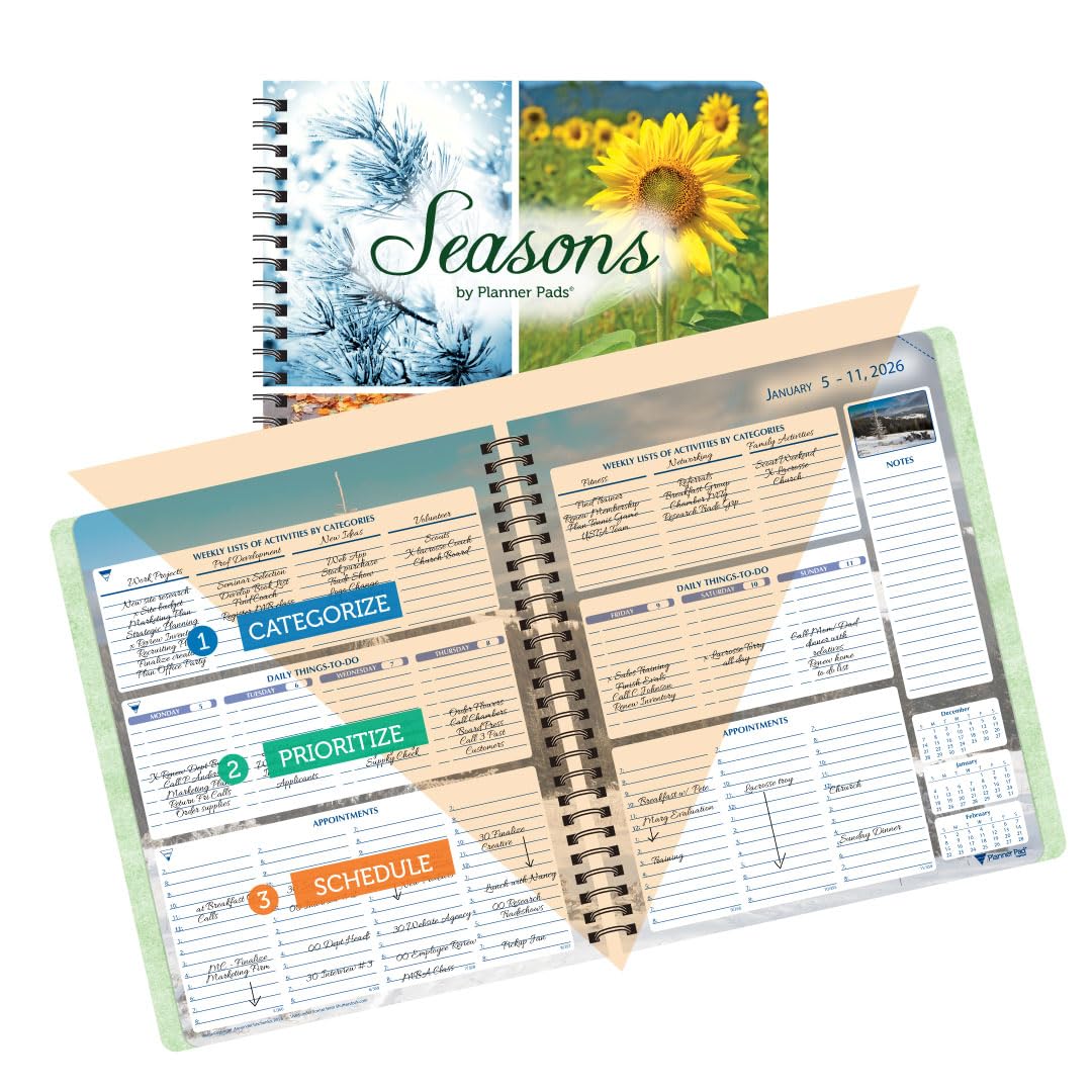 Planner Pad Spiral Bound January-December 2026/ Calendar Year 6 3/4" x 8 1/2" Medium 3-Tier Funnel Down 12 Month Organizer, Seasonal Color Ink Image