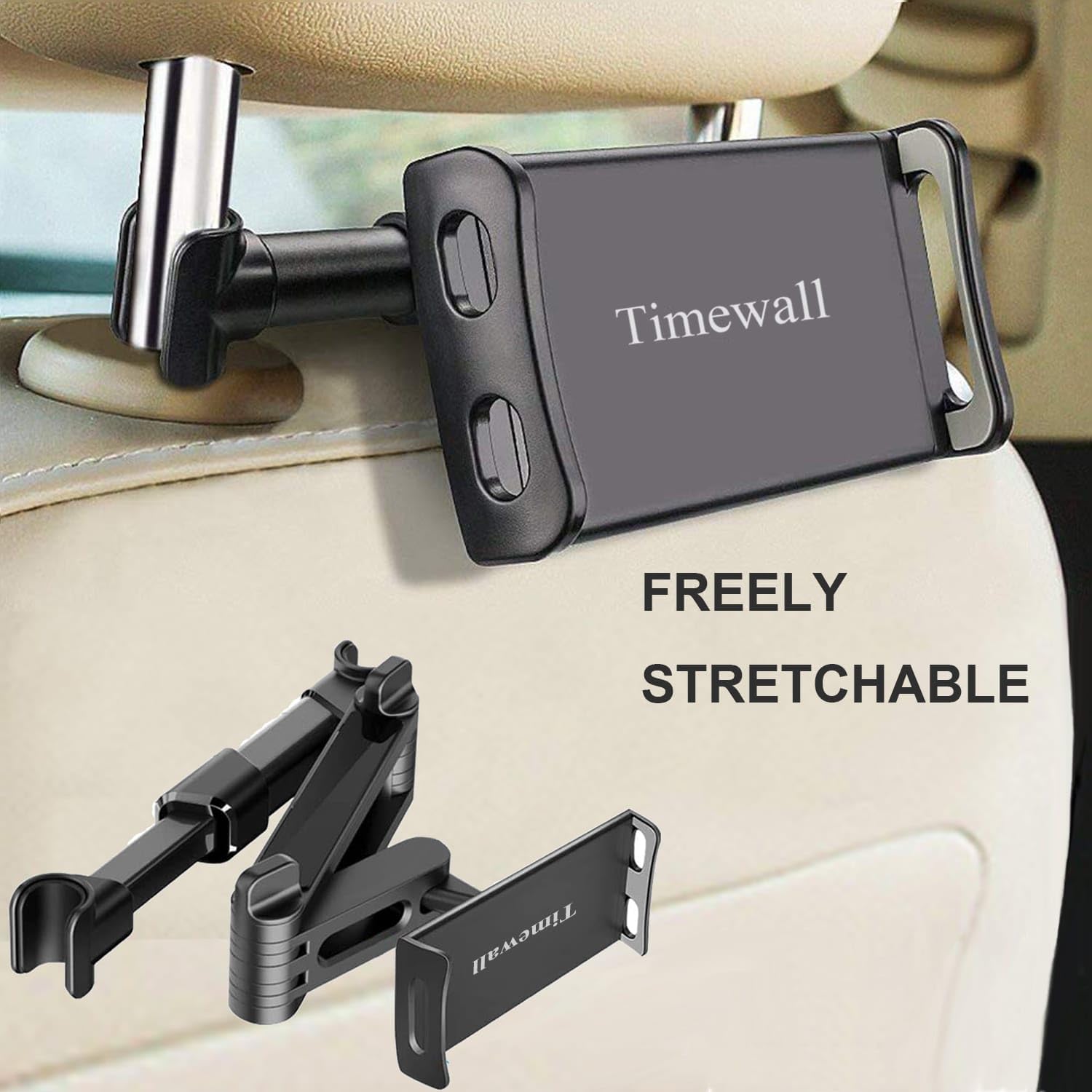 Timewall Car Headrest Tablet Mount, Backseat Seat Universal Cell Phone Holder 360 Swivel Rotating Angle Adjustable Stretchable for iPad iPhone, Samsung, Switch, 5-11
