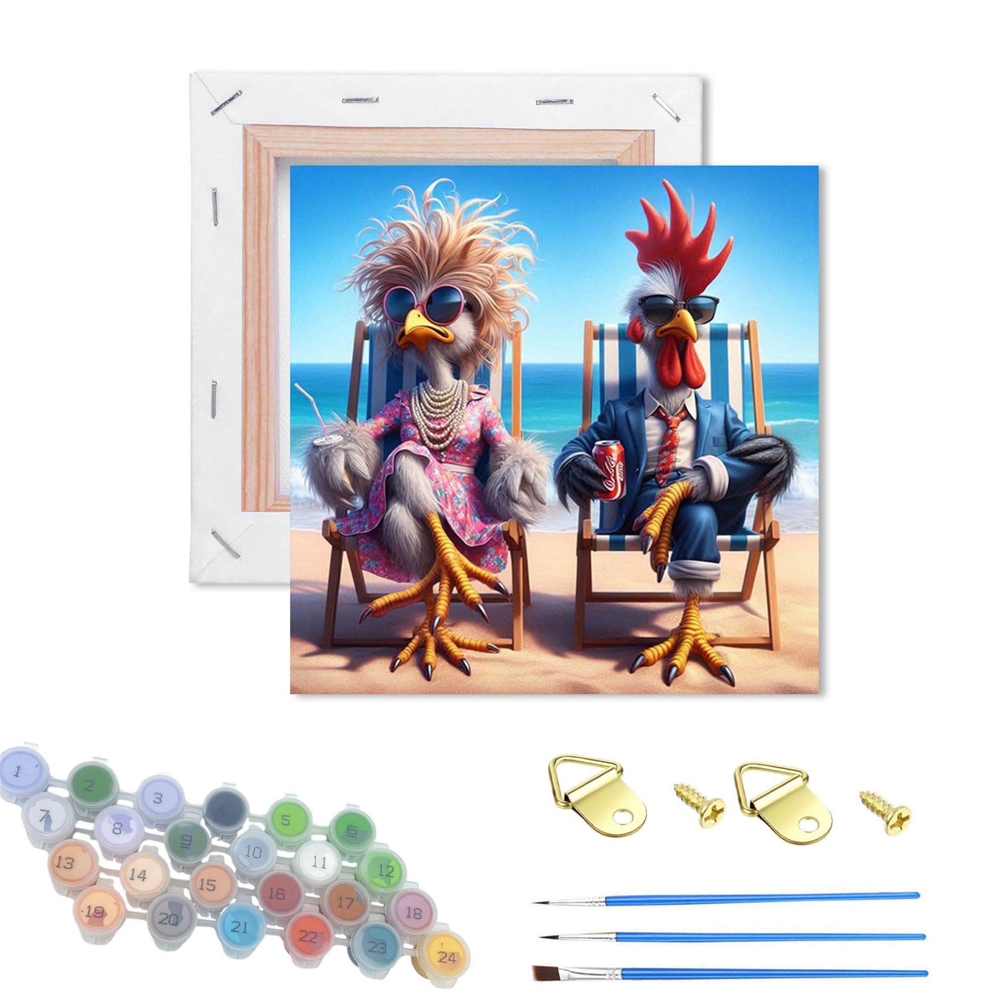 WUJIEJ DIY Paint by Number for Adults,Wooden Framed Painting Kits for Adult,Small Easy Color by Numbers Acrylic Canvas Crafts Watercolor for Beginner Room Decor (Beachside Chicken Chat)