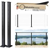 Muzata 4-8ft Modular Cable Railing Kit for Deck Surface Mount 36in RW17 | 2 Level Post Kit with Wire Rope &amp; Cable Railing Hardware, No Handrail, Black Cable Railing System, Length Adjustable