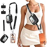 Phone Lanyard Crossbody with Wallet, Save the Hand for Girls Phone Strap Clip and Go Adjustable, 2 Cell Phone Clips & a Wristlet, Zippered Leather Bag for ID Cards, Money for Women Travel, Black