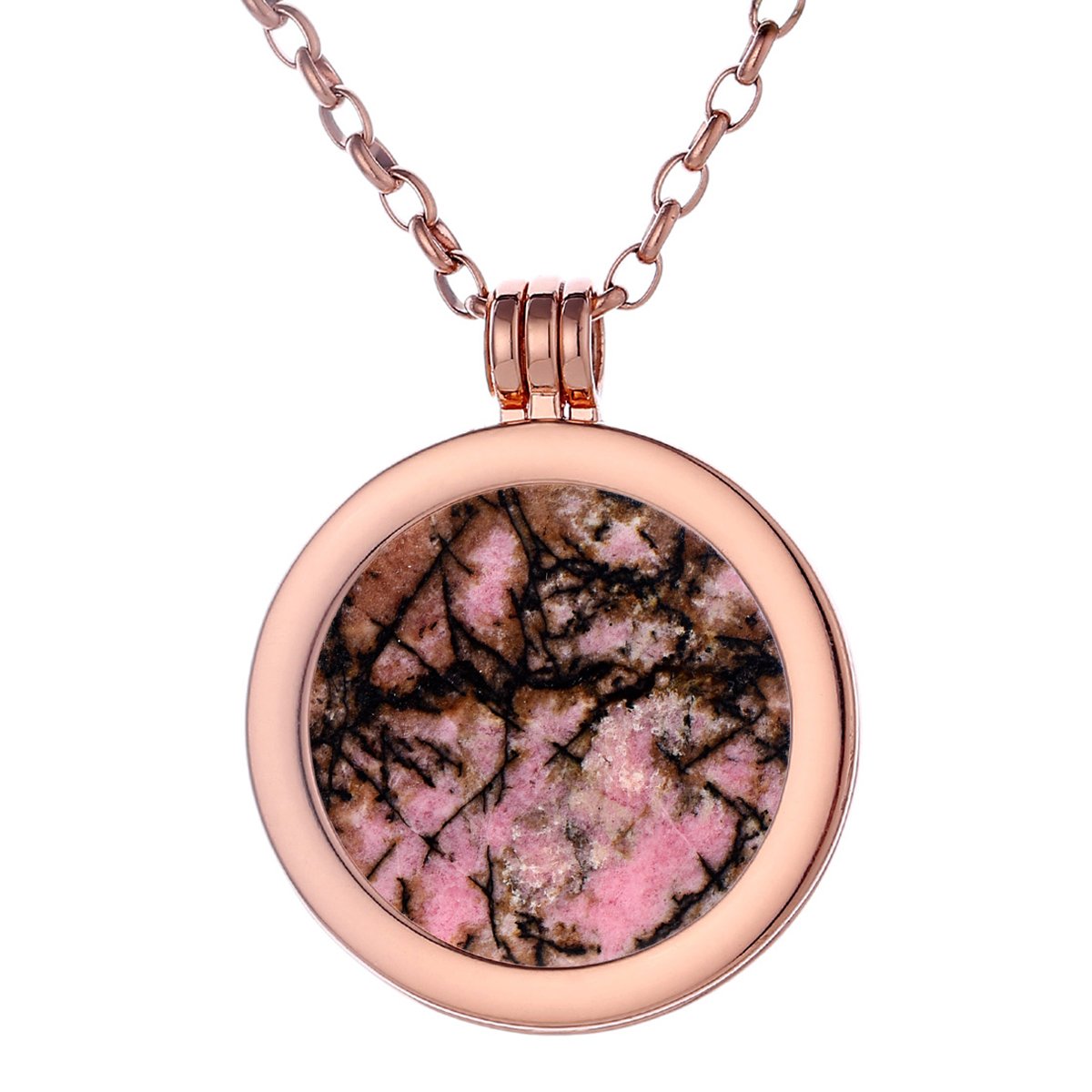 Morella Women Necklace 70 cm 27.5" Stainless Steel Rose Gold and Pendant with Gemstone Rhodonite Coin 33 mm 1.3" Chakra Plate in Velvet Bag