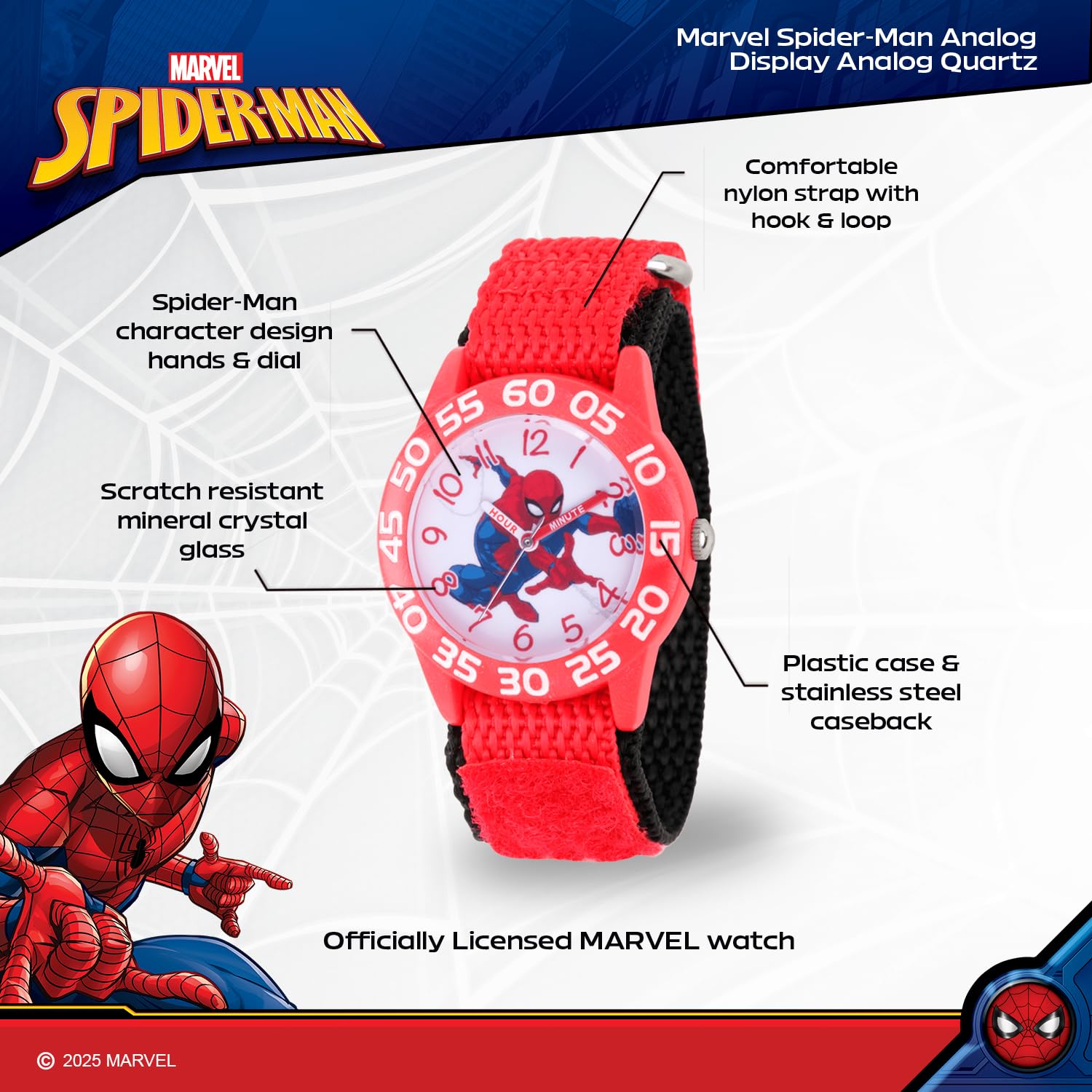 Marvel Spiderman Watch for Kids - Spiderman Watch Boys - Spider-Man Watches for Boys 4-6 - Kids Toys - - Marvel Toddler - Teen - White Bezel - Blue Nylon Strap