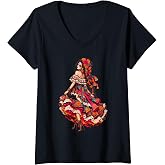 Women's Dia De Los Muertos La Catrina Floral Sugar Skull Mexican V-Neck T-Shirt