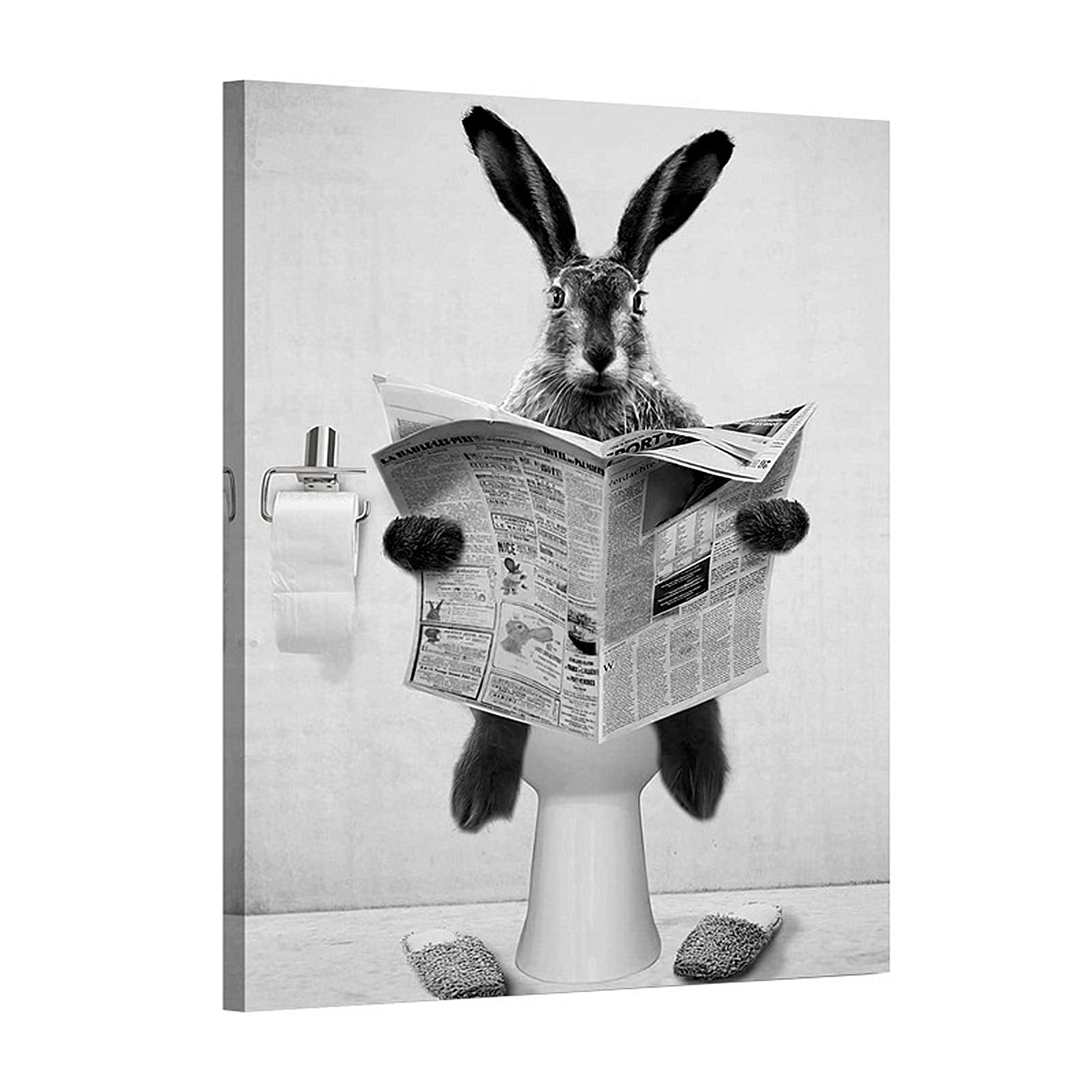 LXTOPN Animal in the Bathroom Pictures, Black and White Animal Newspapers Reading Picture, Funny Rabbit Wall Pictures, Prints Canvas Poster, Minimalist Home Decor - Without Frame (50 x 70 cm)