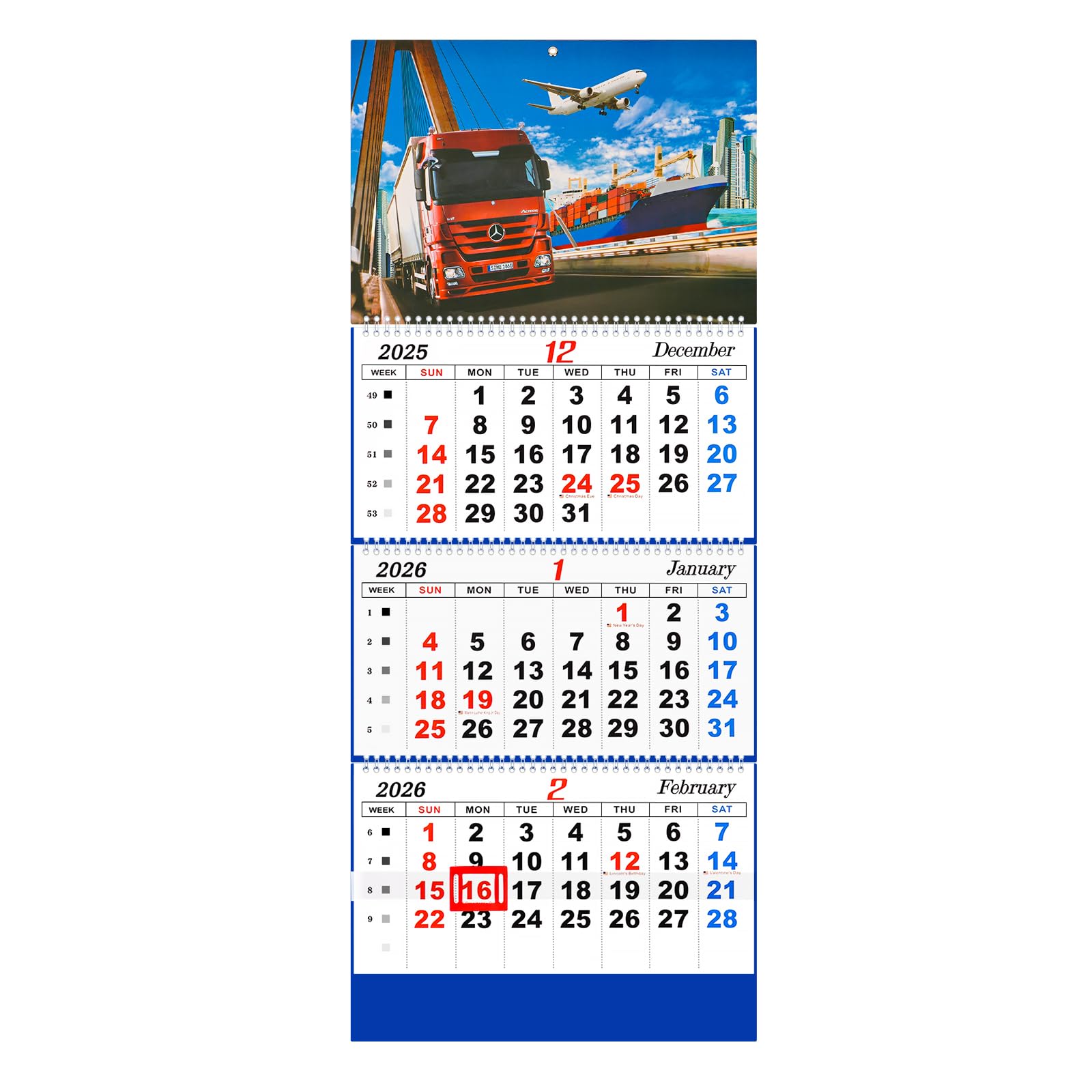 Liitrton Wall Calendar 2026 - 3 Month Calendar Display Large Wall Calendar with Thick Paper 33" x 13" Dec 2025- Jan 2027 Vertical Calendar Perfect for Your Busy Schedule (Truck)
