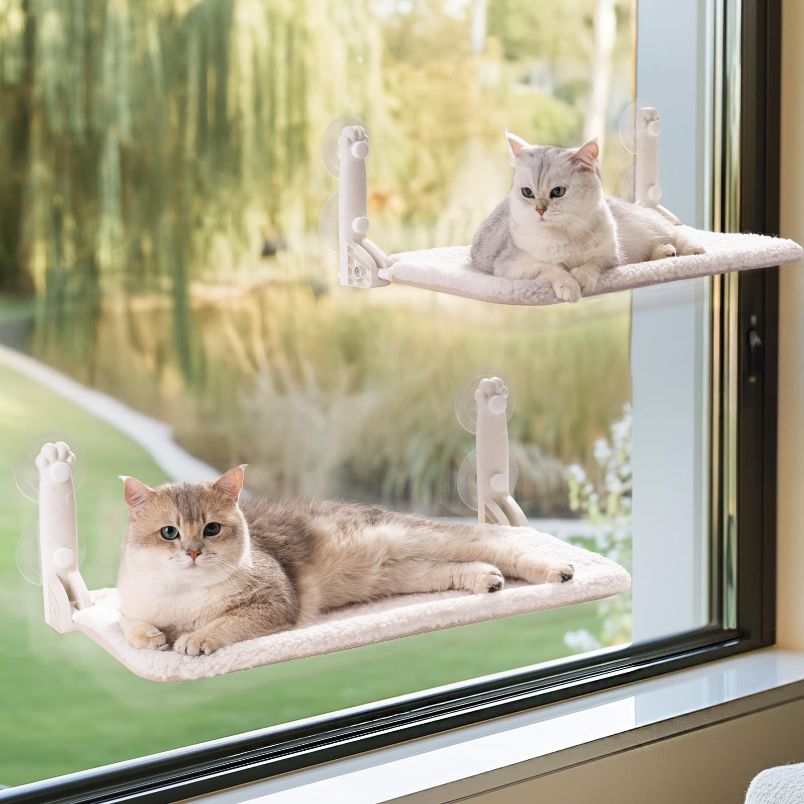Photo 1 of Mewoo 2PC Cat Window Perch, Cordless Window Hammock with Steel Frame and Removable Soft Cover, Embeded Cat Seat with 4 Strong Suction Cups (Beige, 2 Pack)