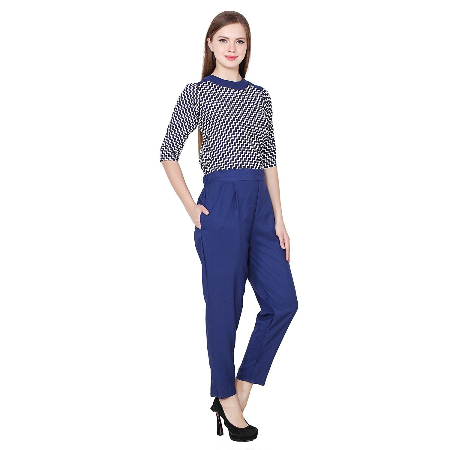 my swag women's white and blue high neck crepe jumpsuit