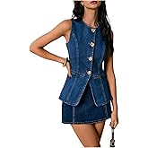SweatyRocks Women's sleeveless jean jacket Button Down Crewneck Casual denim vest ladies tops