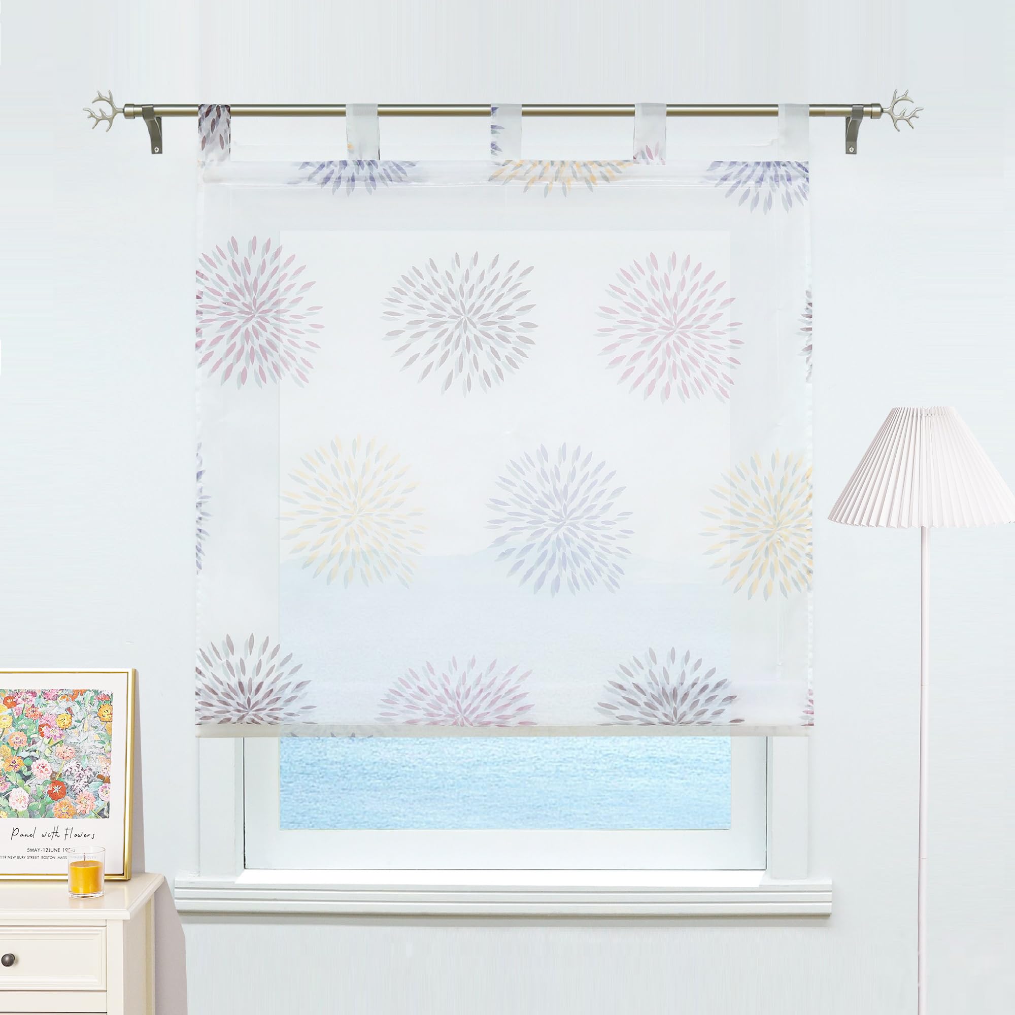 ESLIR Roman Blind with Tabs, Kitchen Roman Curtains, Transparent Tab-Top Blind, Curtains, Circle Motifs, Modern, Voile, Purple, W x H 80 x 140 cm, Pack of 1