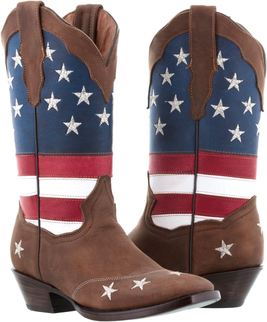 Texas Legacy - Women's Brown USA Flag Leather Cowgirl Rodeo Boots Square Toe