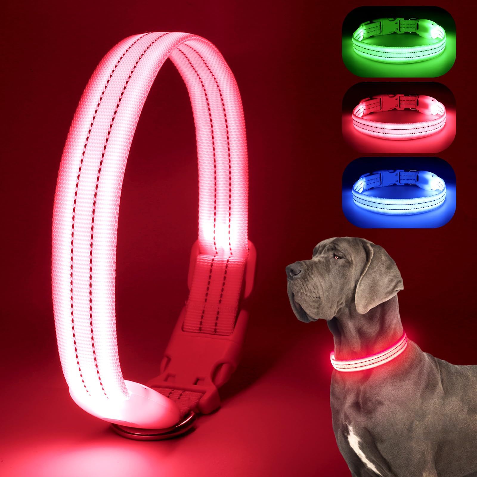 Chalklit Light Up LED Dog Collar, USB Rechargeable Waterproof Reflective Adjustable Flashing Dog Collar Lighted, Glowing in the Dark for Small Medium Large Dogs Night Safety Walking