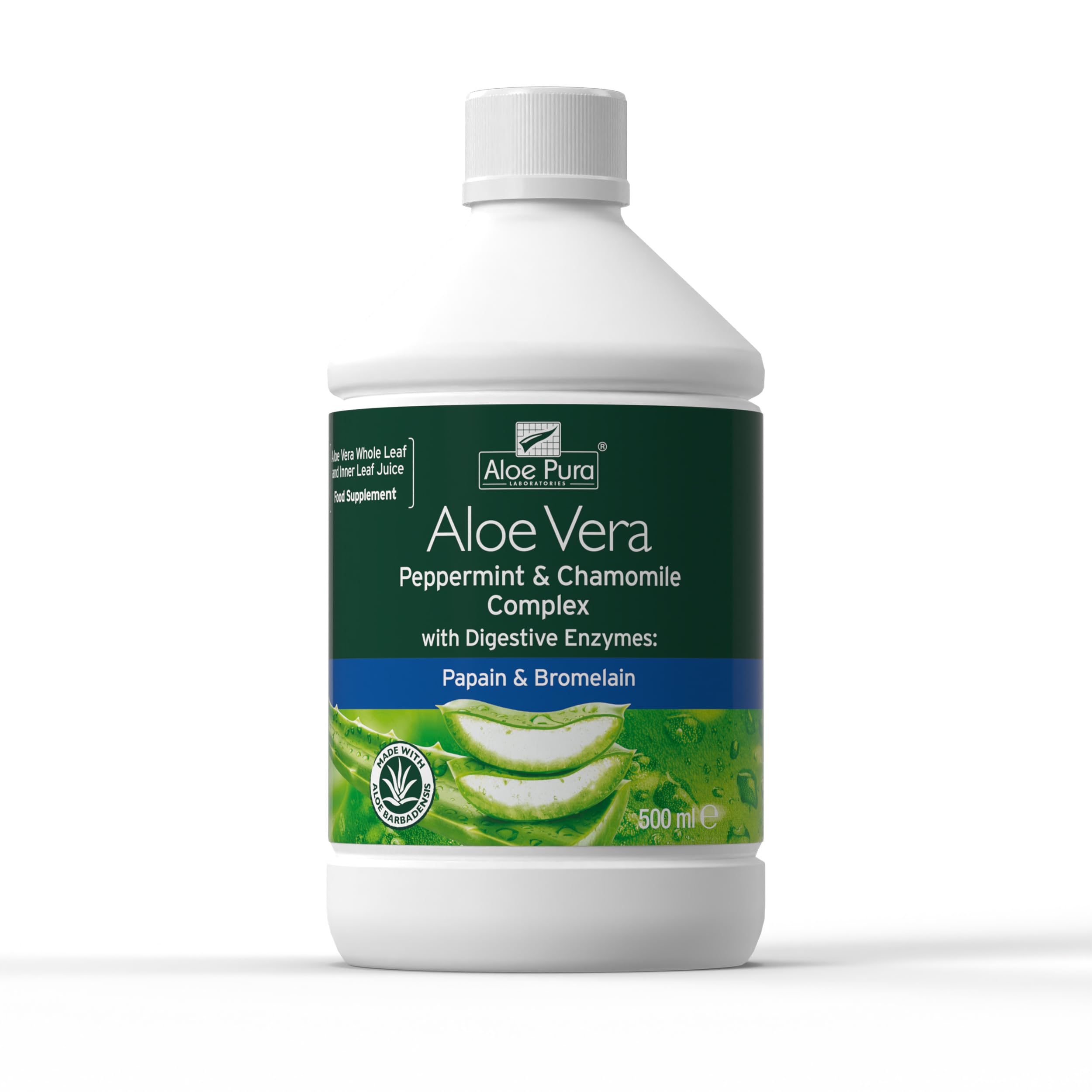 Aloe Pura Aloe Vera Peppermint & Chamomile Juice, Natural, Vegan, Cruelty Free, Digestive Enzymes, Papian & Bromelain, Food Supplement, 500 ml
