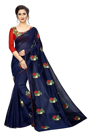 Women's Chanderi Cotton Blend Linen Embroided Style Saree with Blouse